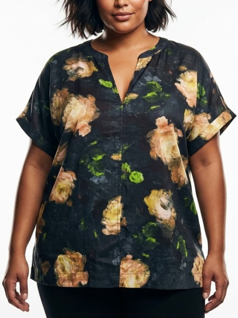 Tahari Woman Whimsigoth Dark Floral Satin V-Neck Boxy Top 2X